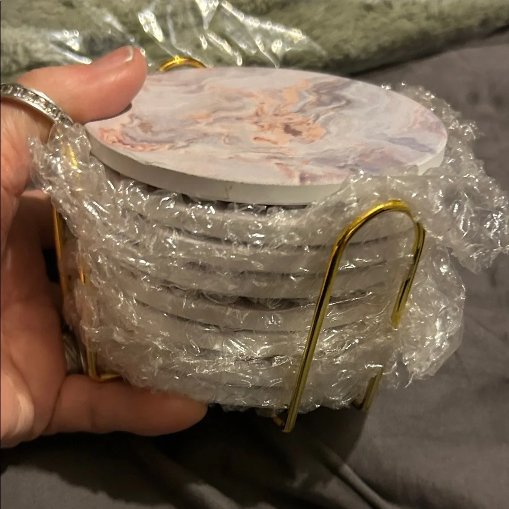 Marble Coaster Set with Gold Holder